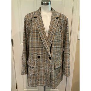 Madewell Tan & Blue Plaid Check Double Breasted Blazer, Size 2X Plus